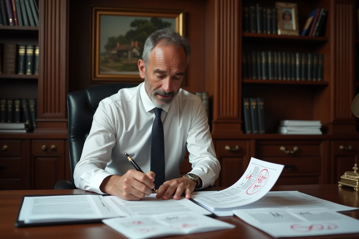 Notaire examinant des documents de simulation de frais d'achat immobilier pour un parking