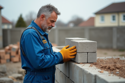 Ouvrier en bleu compare blocs de construction sur mur