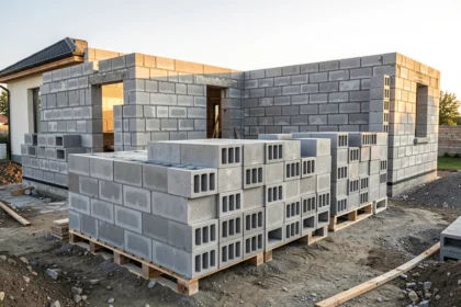 Palette de blocs béton creux sur un chantier de maison