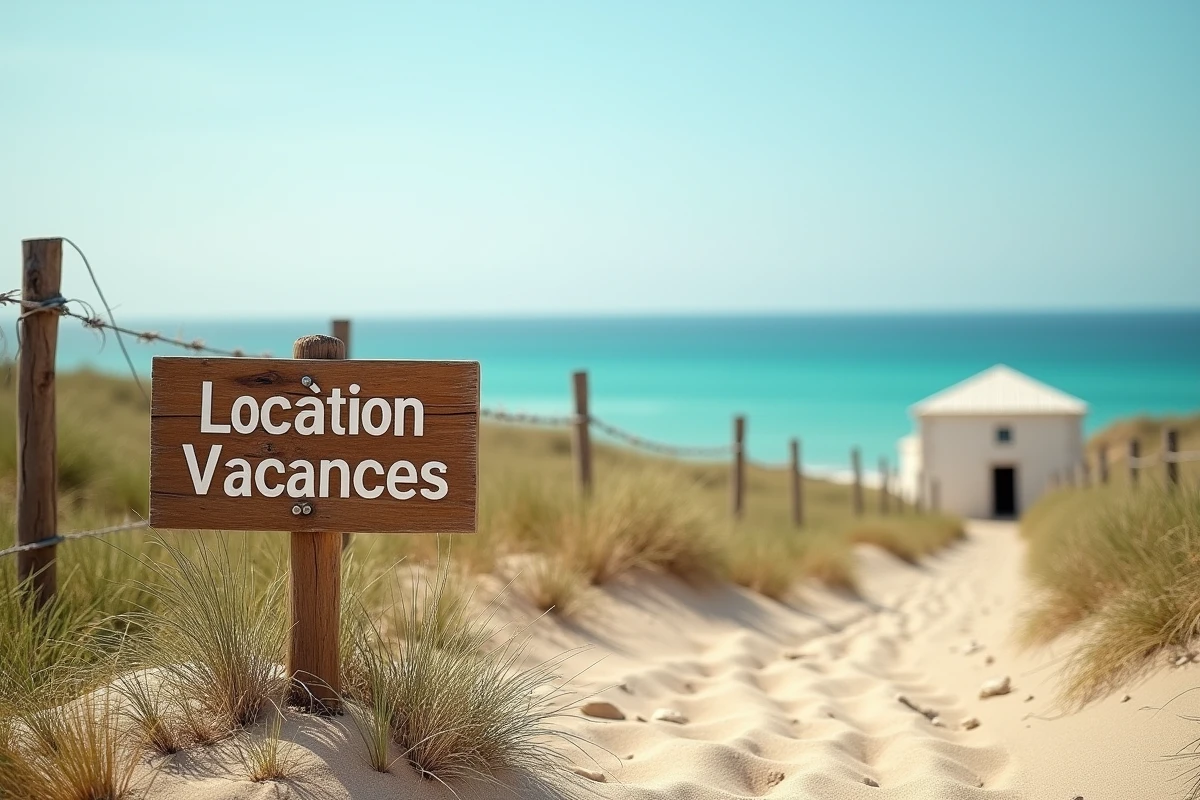 Panneau de location de vacances planté dans le sable sur un terrain côtier face à la mer