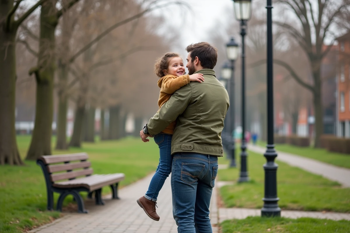 Père et enfant sur un banc dans un parc tranquille