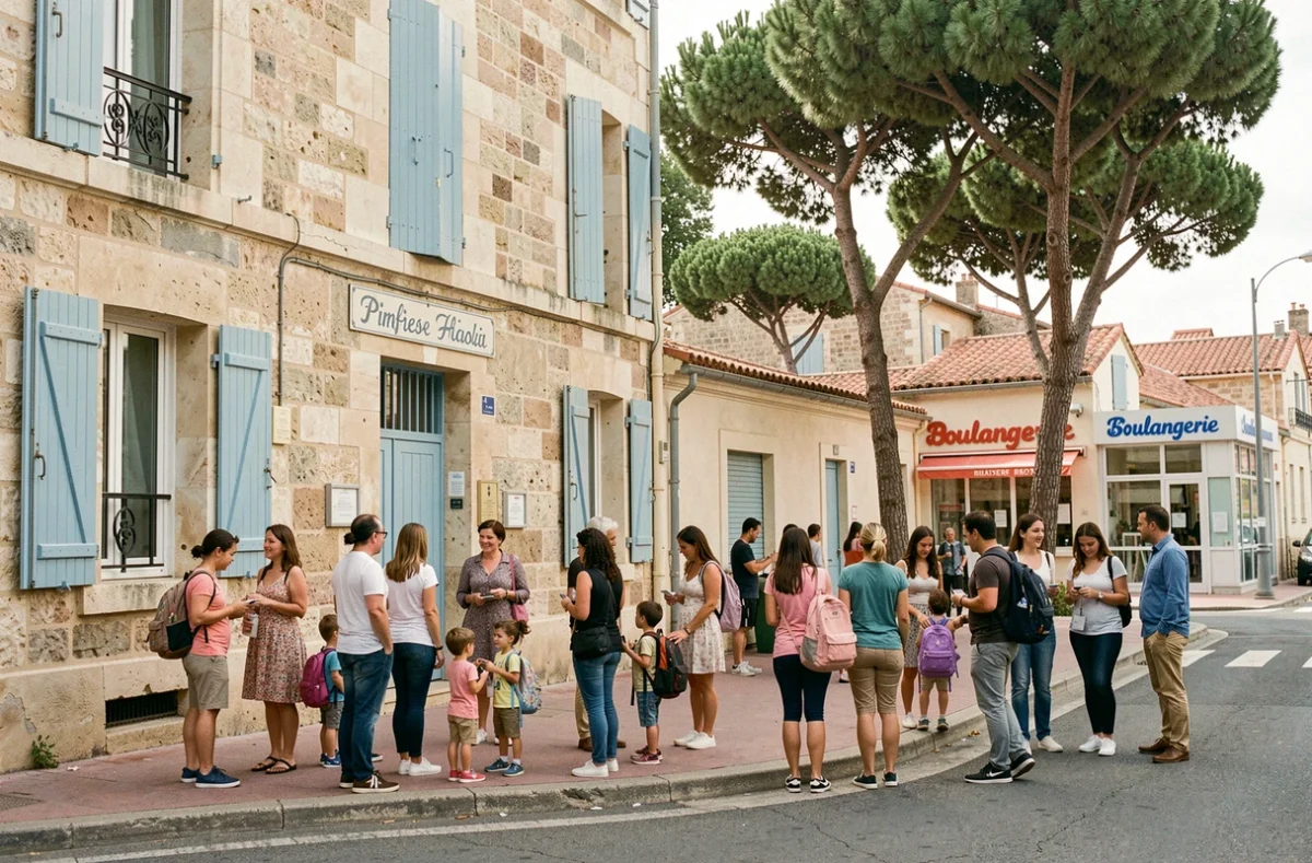 Parents et enfants devant l'entrée d'une école primaire dans un quartier familial de Marseille