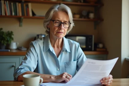 Une particulière étudie des documents juridiques relatifs à un référé préventif à son domicile