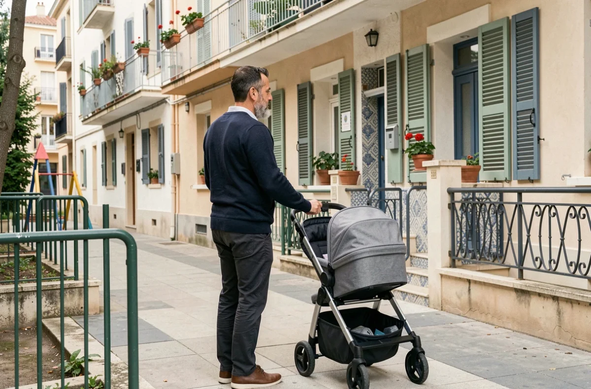 Père de famille avec poussette devant une crèche dans un arrondissement familial de Marseille