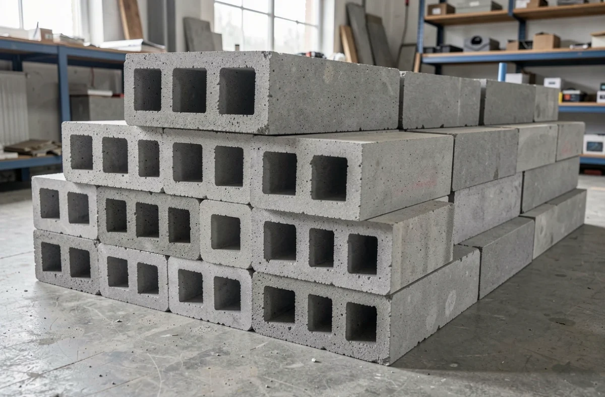 Pile de blocs béton creux de différentes épaisseurs