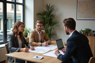 Jeune couple discutant avec un agent immobilier à Lyon pour leur premier achat d'appartement