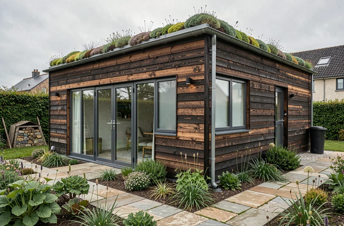Maison passive Primea en bois traité thermiquement avec toit végétalisé et jardin breton paysagé