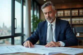 Professionnel de l'immobilier examinant des documents fiscaux dans un bureau moderne à Paris