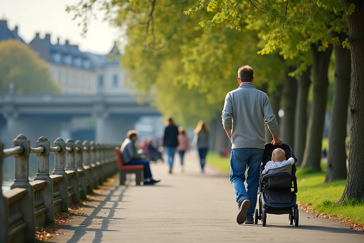 Pere avec enfant en poussette au bord de la Marne