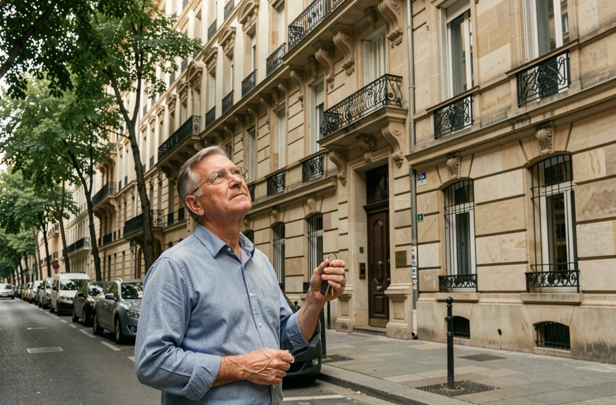 Propriétaire bailleur devant son immeuble locatif tenant les clés de son appartement