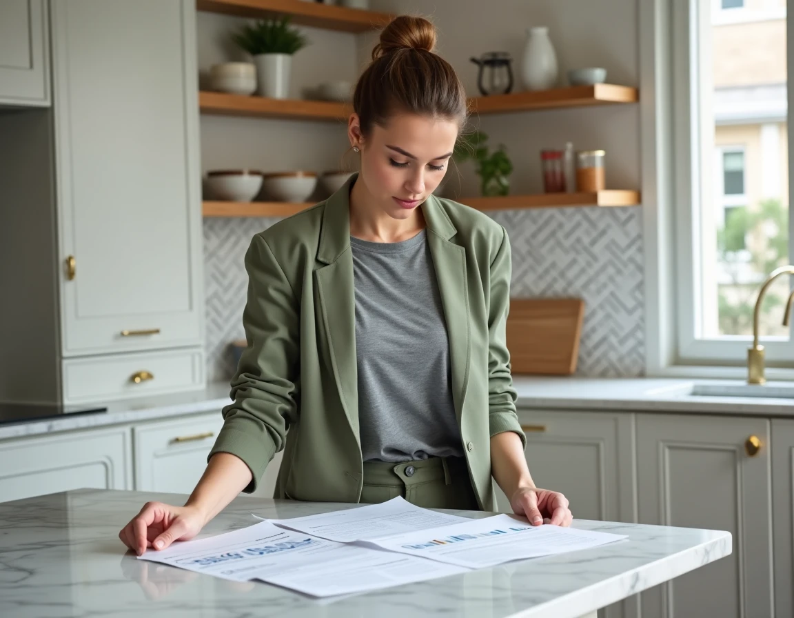 Propriétaire féminine étudiant un devis de rénovation dans une cuisine moderne rénovée avant la mise en vente du bien immobilier