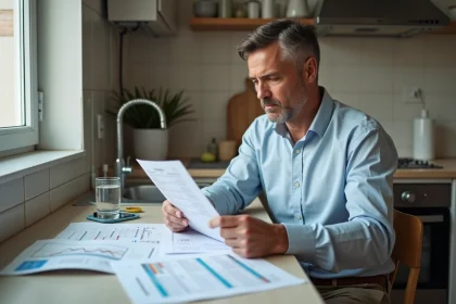 Homme examine une facture d'eau dans une cuisine moderne
