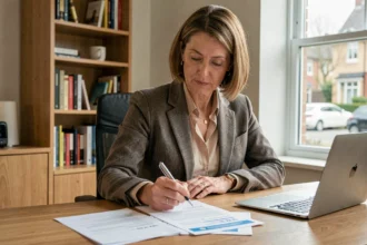 Propriétaire non occupant examinant un contrat d'assurance à son bureau à domicile