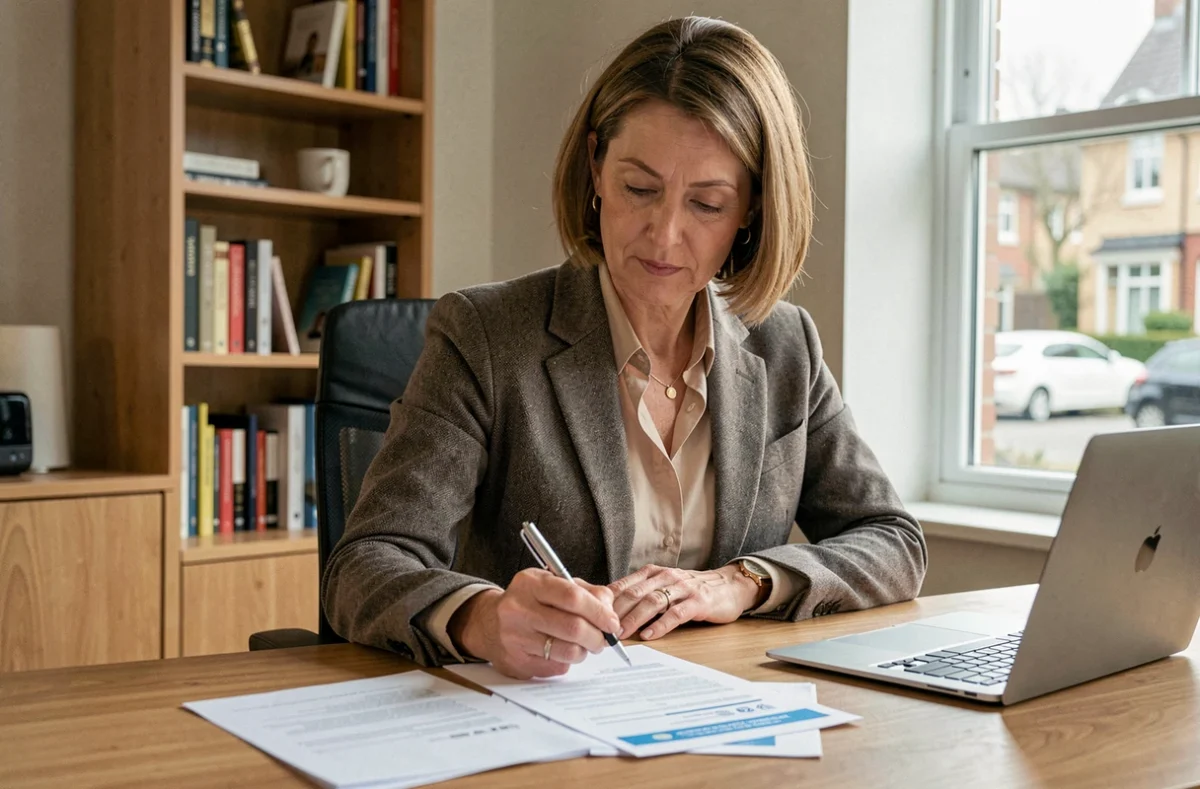 Propriétaire non occupant examinant un contrat d'assurance à son bureau à domicile