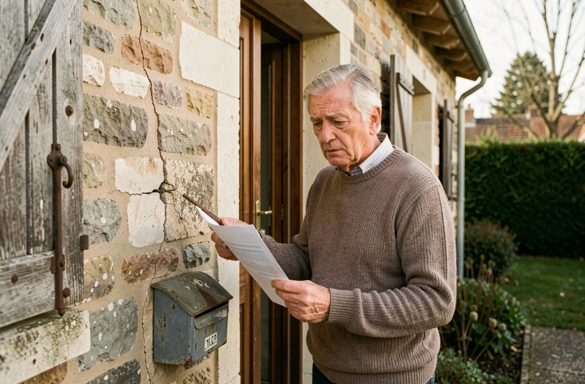 Propriétaire senior inspectant une fissure sur la façade de sa maison en lien avec son assurance habitation