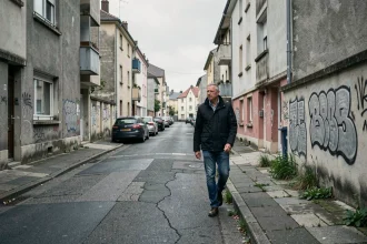 Rue résidentielle dégradée d'un quartier de Brive-la-Gaillarde avec façades vieillissantes et trottoirs usés