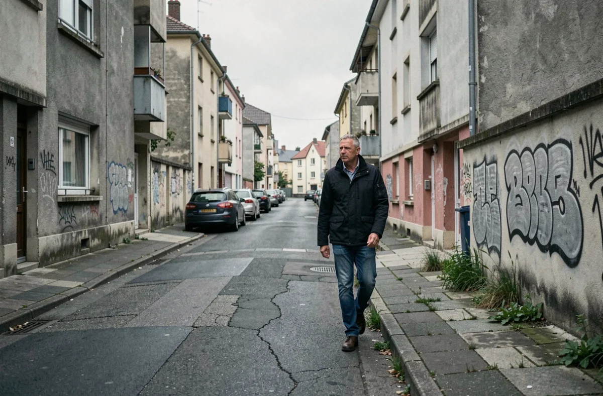 Rue résidentielle dégradée d'un quartier de Brive-la-Gaillarde avec façades vieillissantes et trottoirs usés