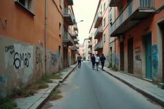 Rue urbaine dans un quartier sensible de Montpellier avec immeubles anciens et trottoirs dégradés