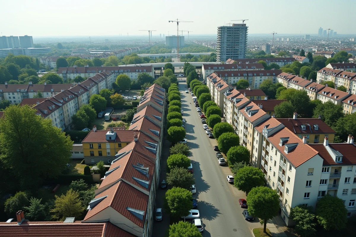 Vue en hauteur d'un quartier en transformation en Île-de-France avec des constructions neuves autour du Grand Paris Express