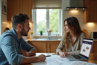 Frère et sœur assis autour d'une table en bois discutant du rachat de la maison familiale avec des documents immobiliers