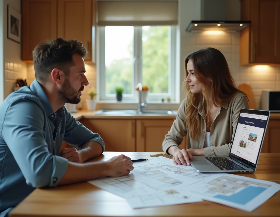 Frère et sœur assis autour d'une table en bois discutant du rachat de la maison familiale avec des documents immobiliers
