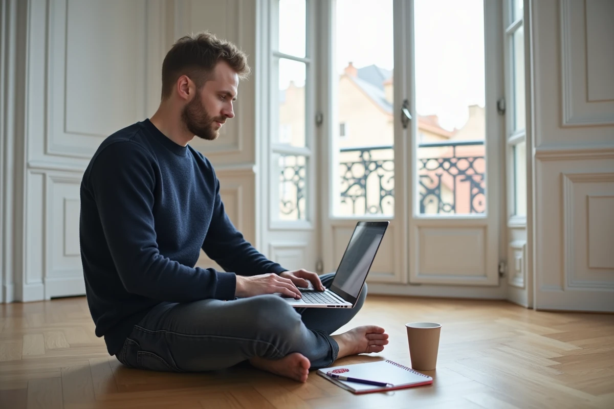 Homme consultant le site immobilier terhexagone-immo.fr sur un ordinateur portable dans un appartement vide à Lyon