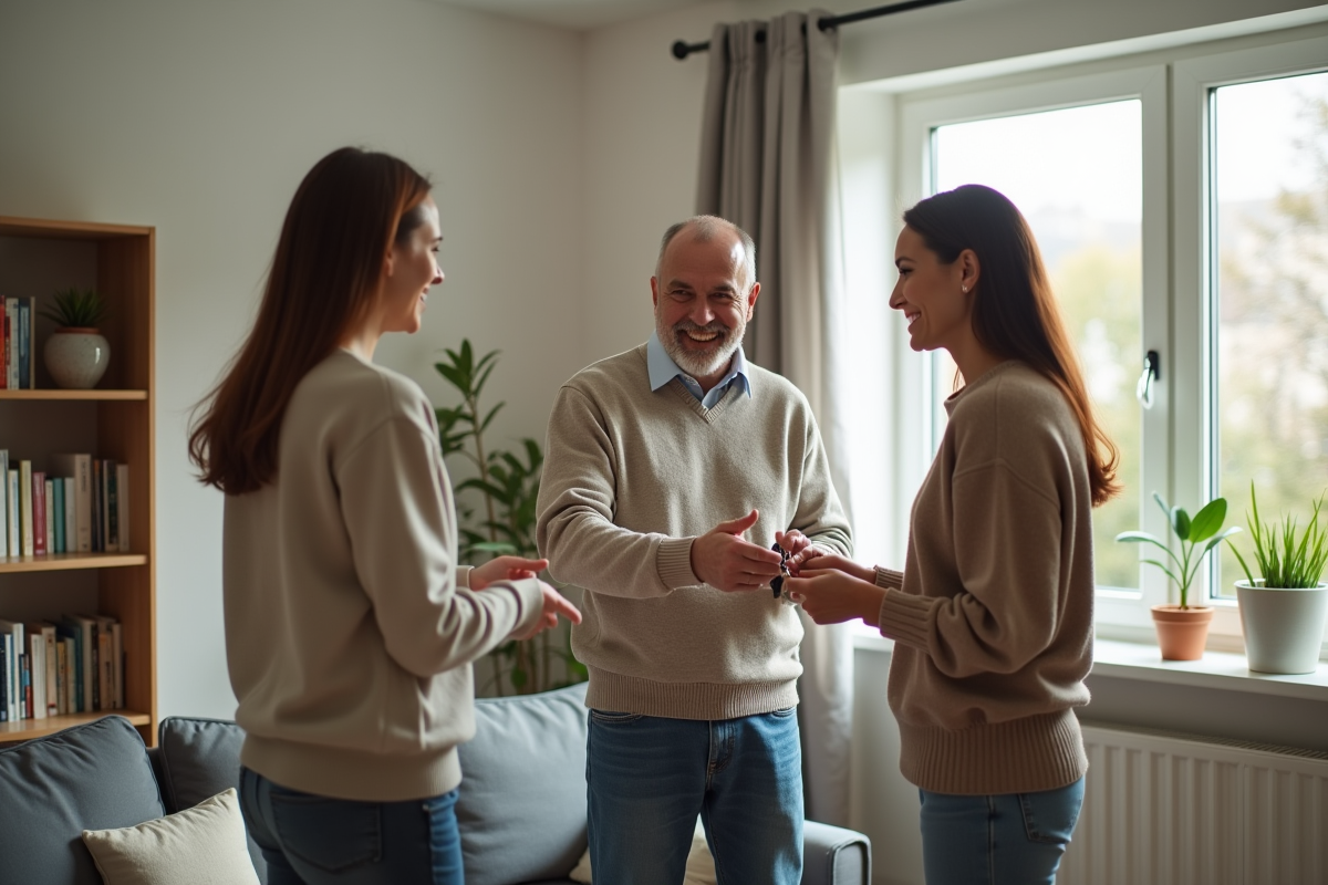 Homme remettant des clés à un couple souriant dans un salon accueillant
