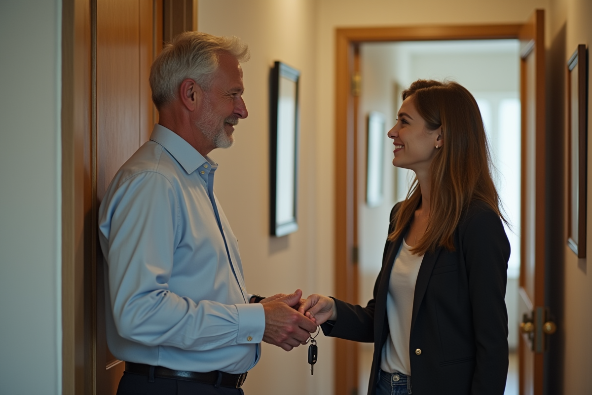 Homme remet des clés à une femme dans le couloir