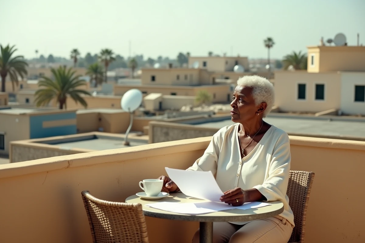 Femme retraitée consultant des documents immobiliers sur une terrasse à Dakar en vue d'un achat d'appartement