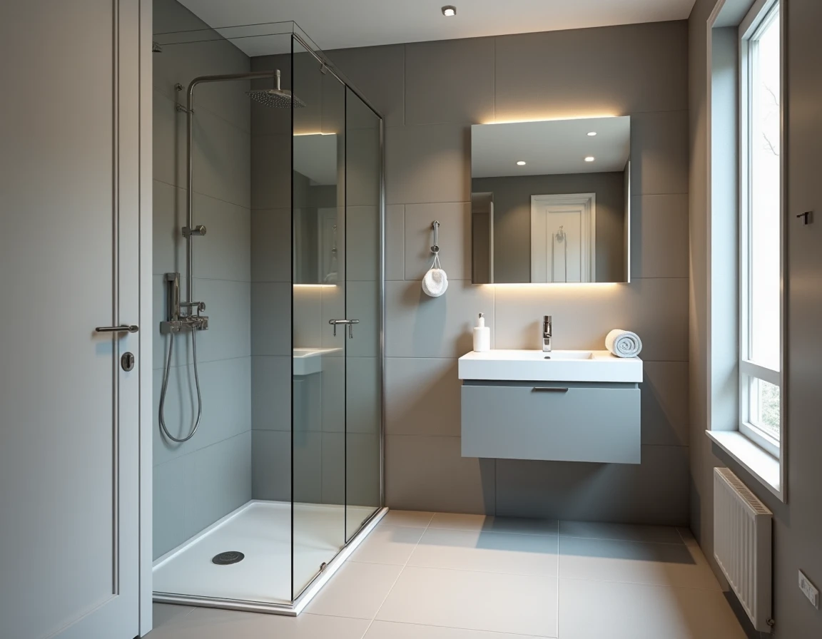 Salle de bain entièrement rénovée avec carrelage grand format et douche à l'italienne, prête pour la mise en vente d'un appartement valorisé