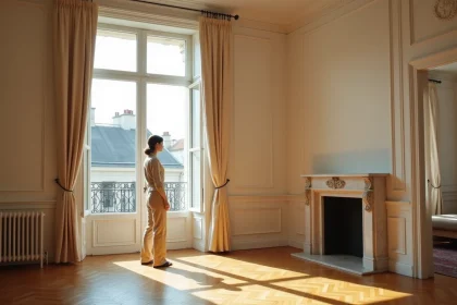 Salon d'appartement haussmannien au dernier étage avec parquet en chevrons, cheminée en marbre et vue sur les toits parisiens