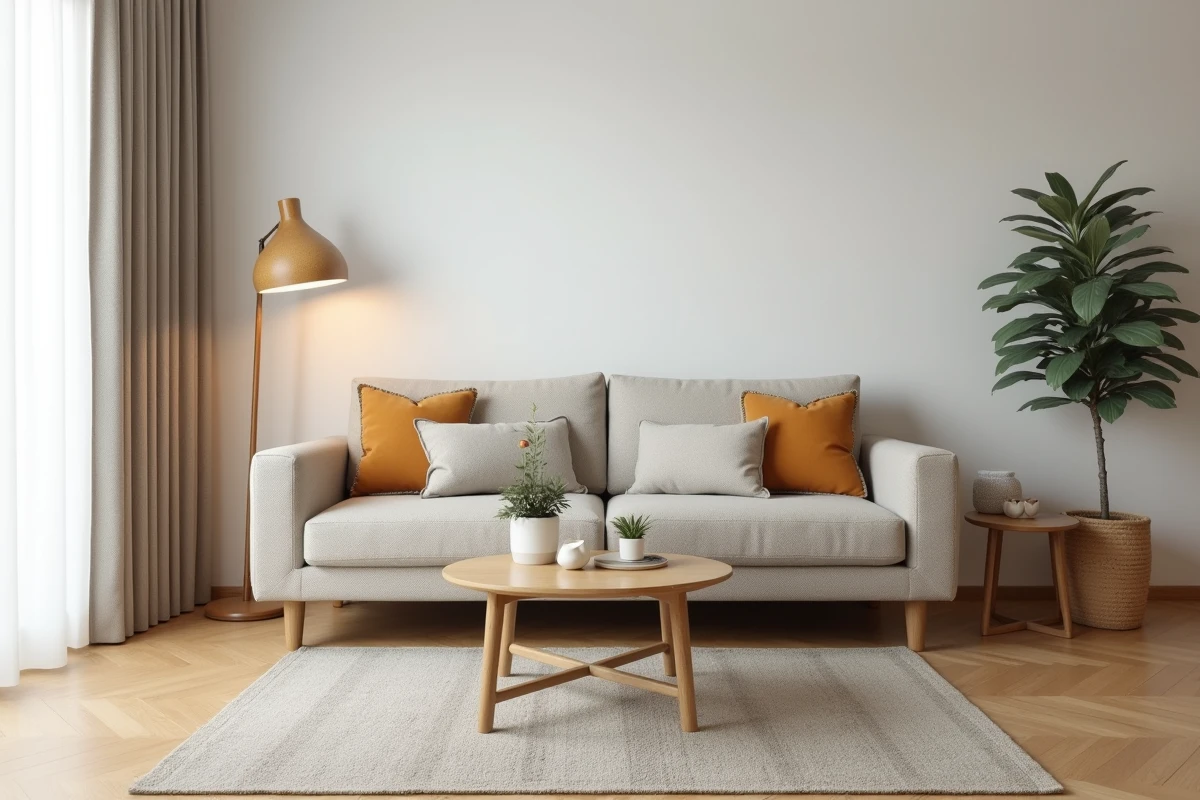 Salon meublé minimaliste conforme au minimum légal pour une location meublée, avec canapé simple et table basse sur parquet clair