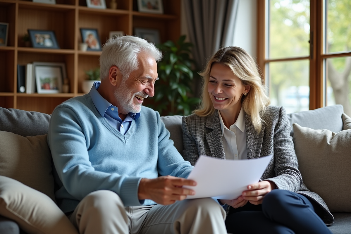 Homme senior et femme discutant de documents