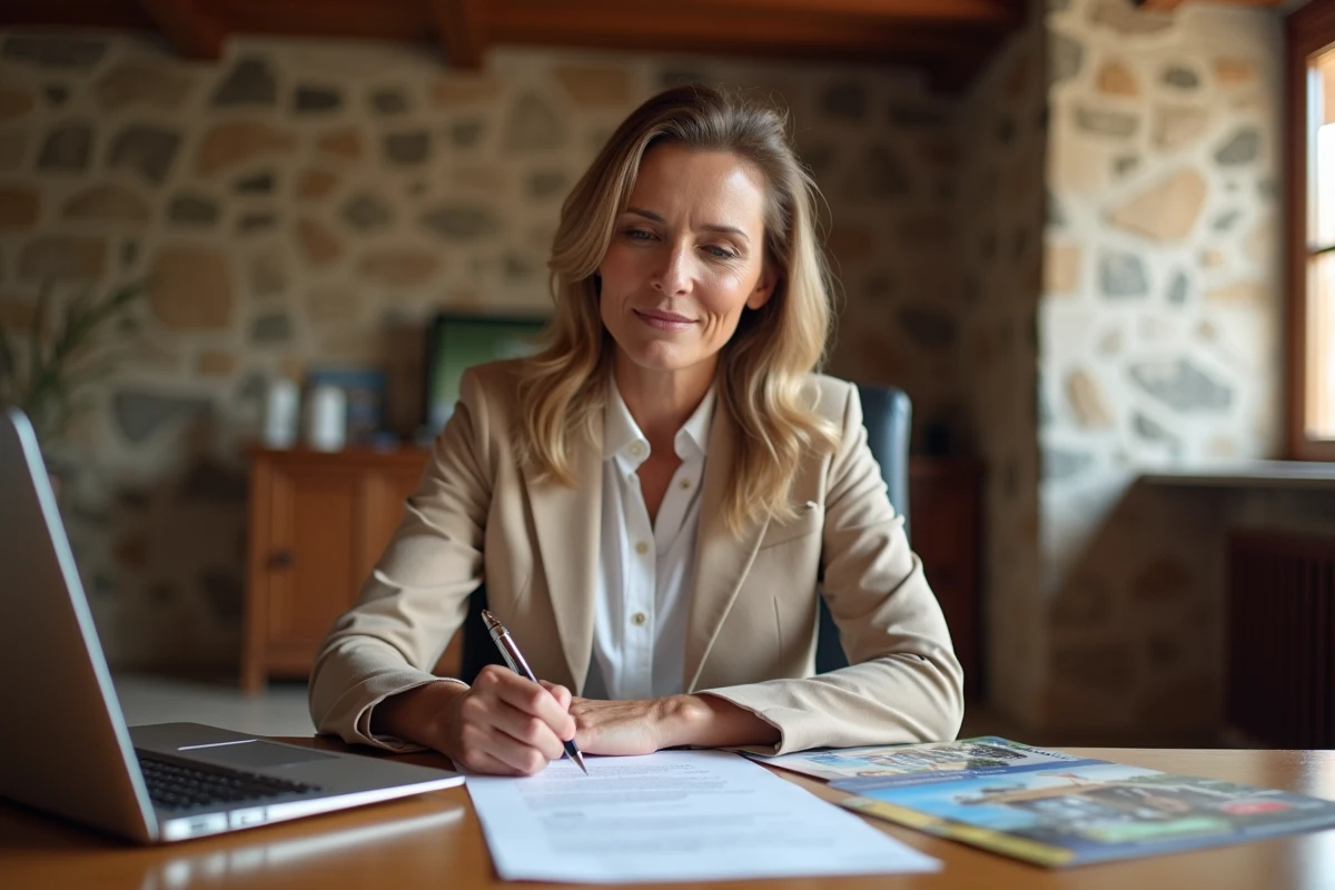 Femme signant des documents d'achat immobilier dans un bureau notarial en Andorre avec décor architectural traditionnel