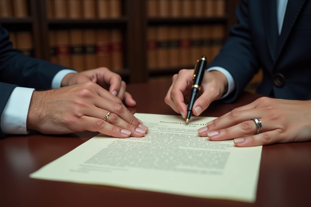 Mains signant un contrat de vente immobilière chez un notaire lors d'un divorce en Moselle