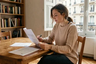 Femme consultant un contrat d'assurance habitation à Roanne, attablée dans un appartement cosy avec documents papier