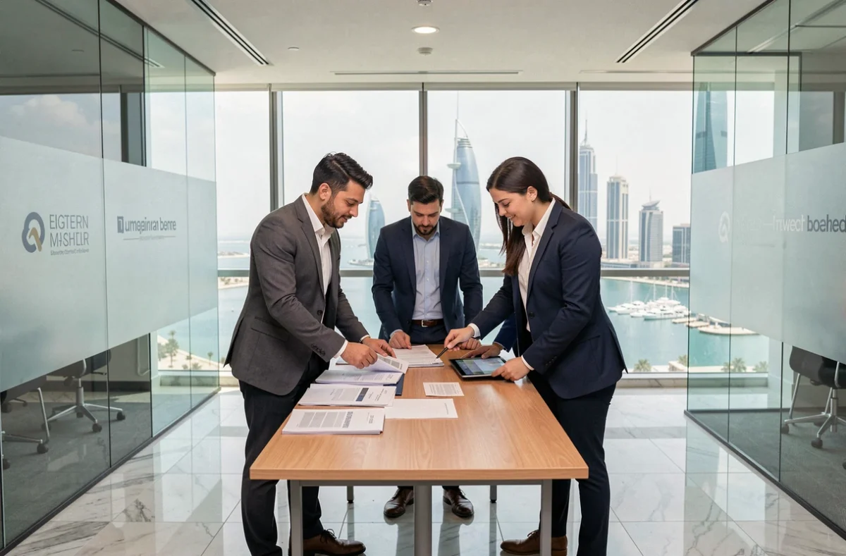 Équipe de startup en réunion dans une salle de conférence vitrée au sein de la tour Almas JLT Dubaï avec vue panoramique sur les gratte-ciels