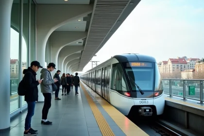 Quai d'une station moderne du Grand Paris Express avec un train automatique et des voyageurs en Île-de-France
