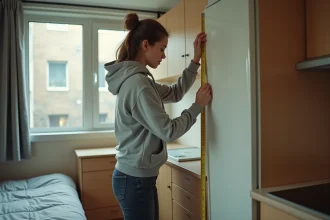 Étudiante mesurant la surface d'un petit studio en résidence étudiante avec un mètre ruban