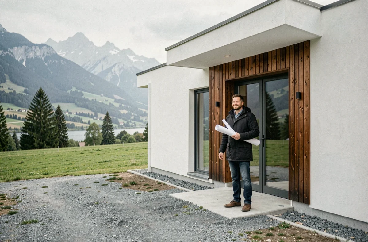 Architecte de Tekton Architectes devant une maison individuelle contemporaine neuve avec bardage bois et vue sur la vallée en Isère