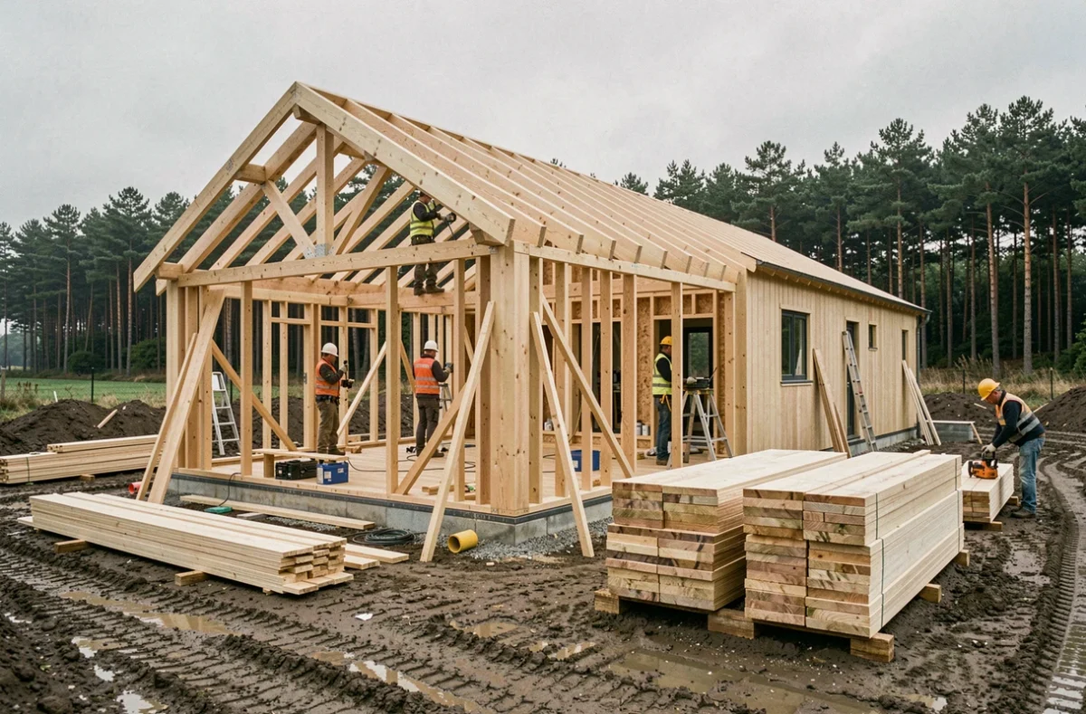 Chantier de construction d'une maison Trecobois avec ossature bois visible et ouvriers en Bretagne