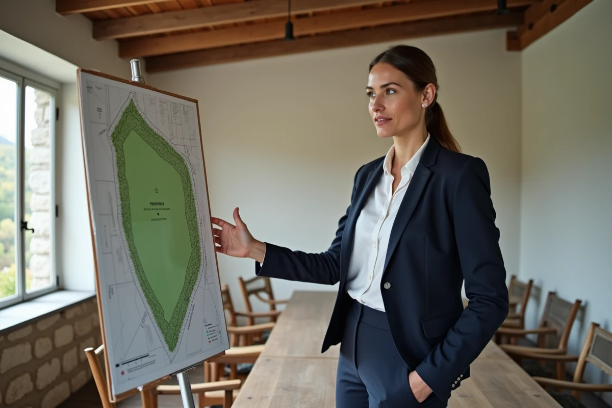 Urbaniste présentant une carte de zonage naturel lors d'une réunion en mairie rurale