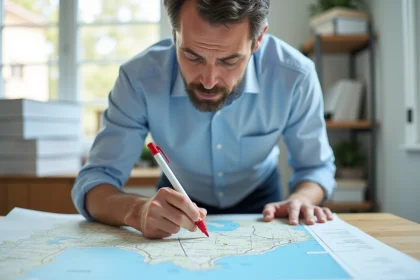 Urbaniste analysant un plan cadastral pour vérifier la constructibilité d'une parcelle selon la loi littoral