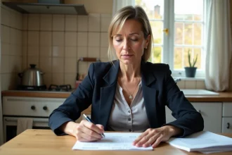 Femme examinant des documents immobiliers à la table de cuisine lors d'une vente de maison suite à un divorce en Moselle