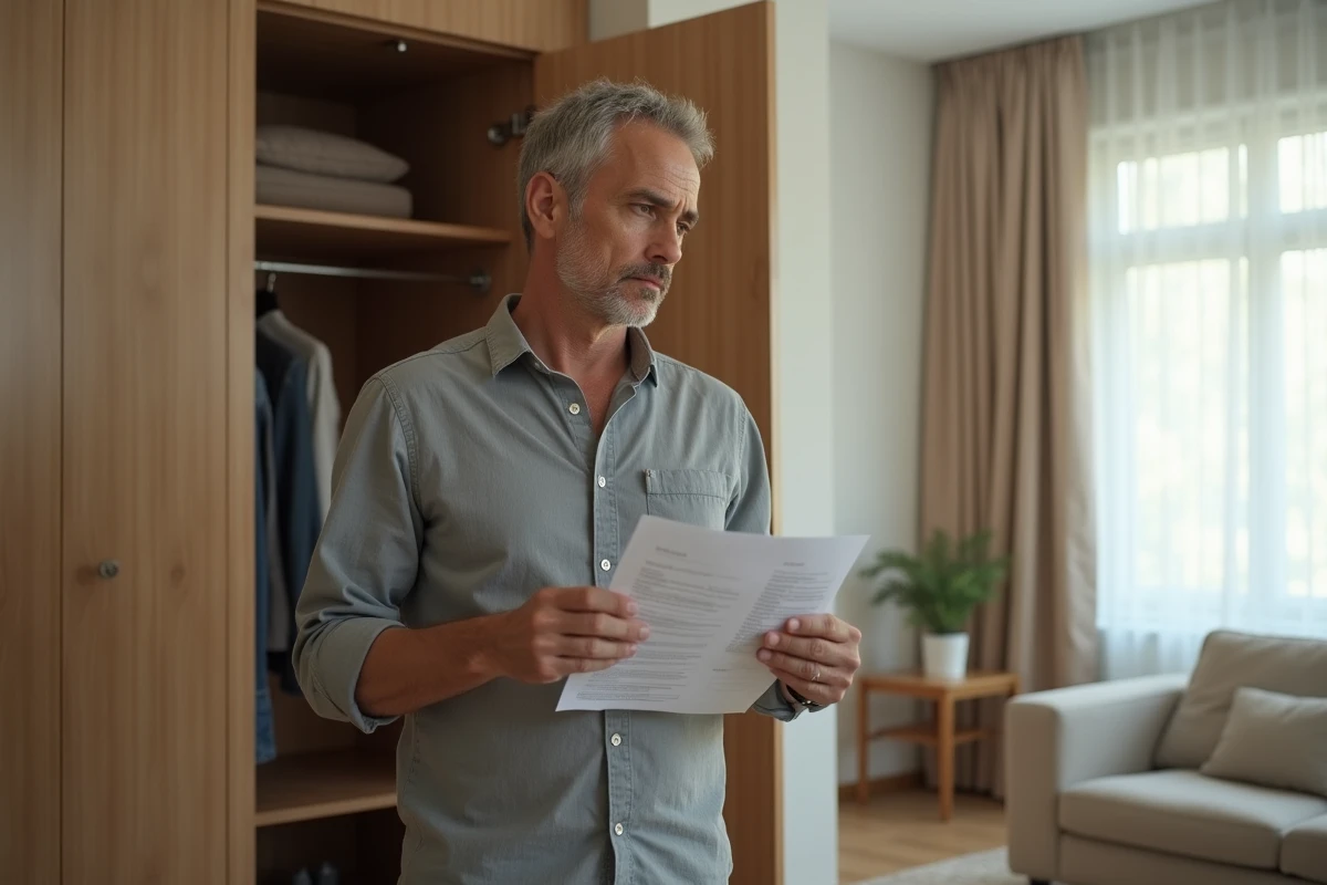 Propriétaire vérifiant l'inventaire du mobilier d'un appartement meublé lors d'un état des lieux, désaccord constaté