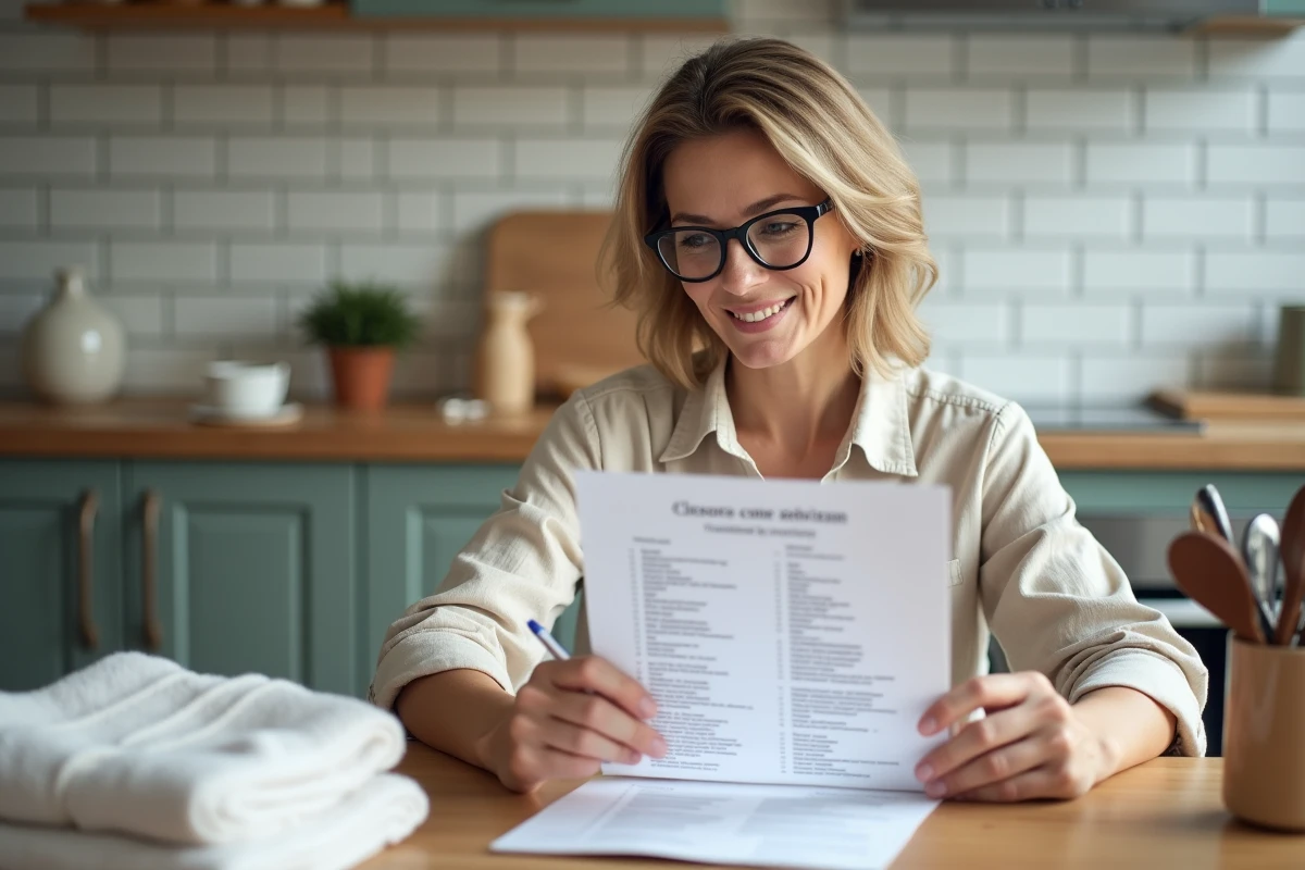 Femme vérifiant la liste de mobilier obligatoire pour une location meublée avec inventaire imprimé sur table en bois