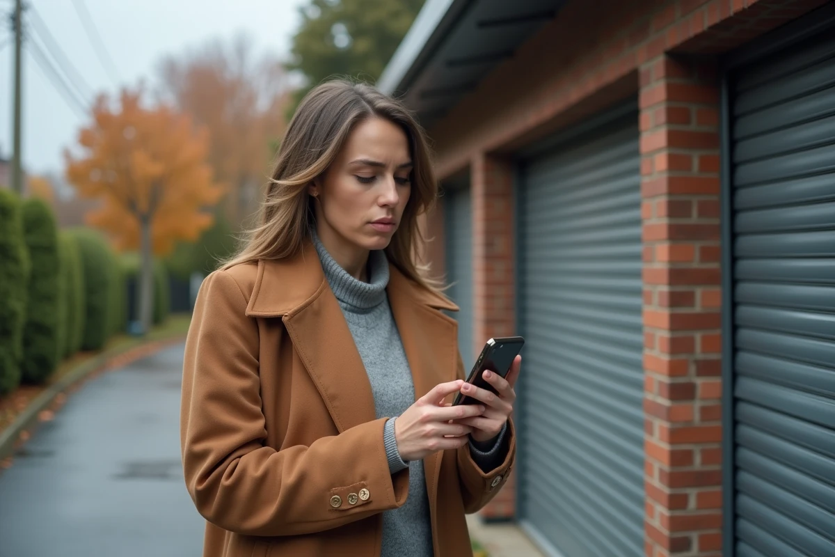Femme vérifiant le prix au m2 d'un garage sur son smartphone devant un garage résidentiel