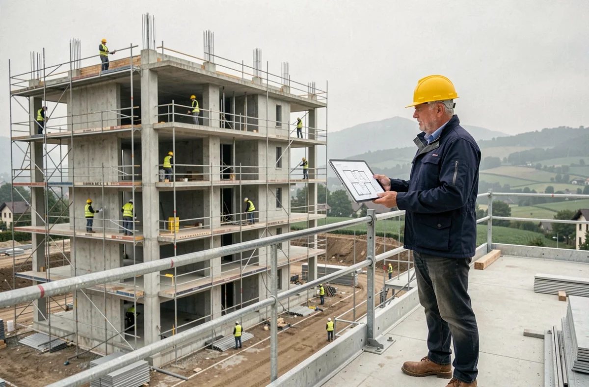 Maître d'œuvre supervisant un chantier de construction résidentielle en Rhône-Alpes avec tablette et plans numériques