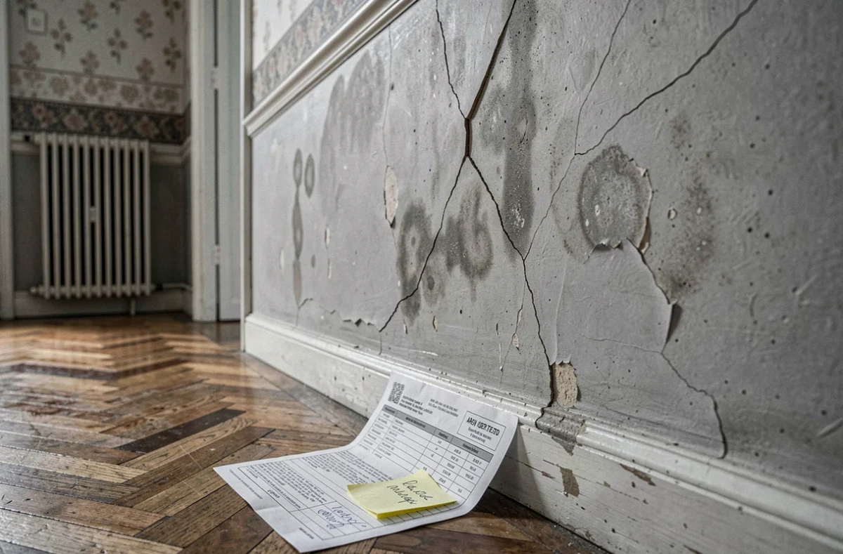 Vice caché dans un appartement ancien avec fissures murales et document de vente immobilière posé au sol