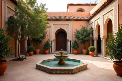Patio intérieur d'une villa marocaine traditionnelle à Marrakech avec fontaine en zellige et orangers